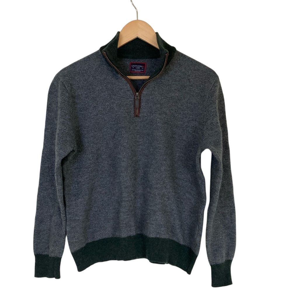 UNTUCKit Mens Merino Wool Pullover 1/4 Zip Sweater Size M Grey‎ Green Classic